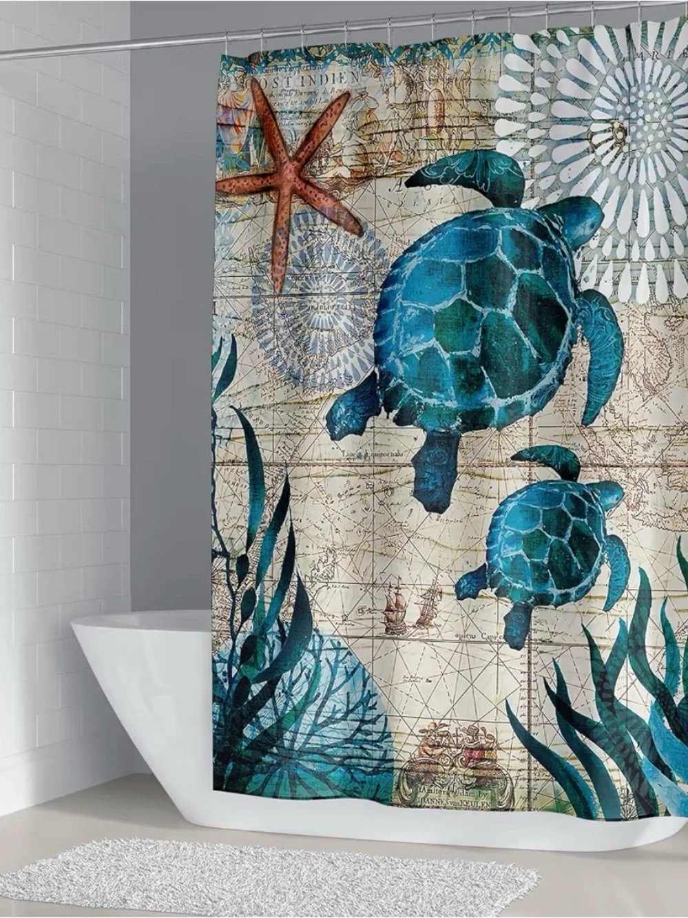Coastal Turtle Shower Curtain w Hooks  – Blue Sea Turtle Design